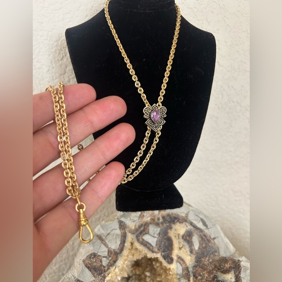 Sterling Silver with Amethyst gem on gold chain lanyard - Picture 5 of 11